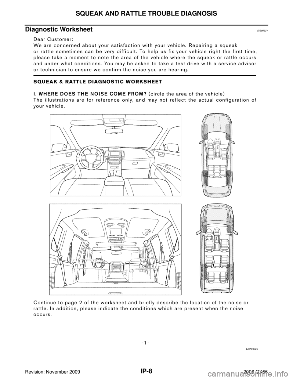 INFINITI QX56 2006  Factory Service Manual IP-8
SQUEAK AND RATTLE TROUBLE DIAGNOSIS
Revision: November 20092006 QX56
Diagnostic WorksheetEIS0062Y
LAIA0072E 