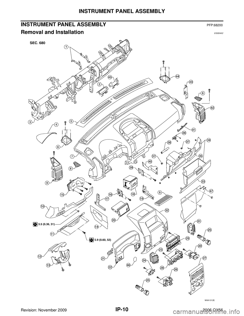 INFINITI QX56 2006  Factory Service Manual IP-10
INSTRUMENT PANEL ASSEMBLY
Revision: November 20092006 QX56
INSTRUMENT PANEL ASSEMBLYPFP:68200
Removal and InstallationEIS004X2
WIIA1012E 