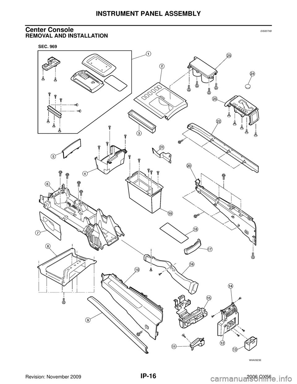 INFINITI QX56 2006  Factory Service Manual IP-16
INSTRUMENT PANEL ASSEMBLY
Revision: November 20092006 QX56
Center ConsoleEIS007XB
REMOVAL AND INSTALLATION
WIIA0923E 