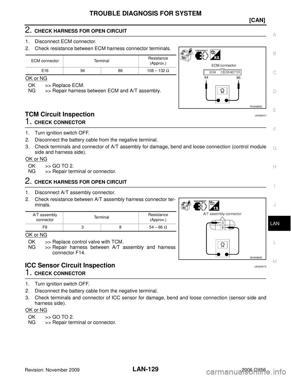 INFINITI QX56 2006  Factory Service Manual TROUBLE DIAGNOSIS FOR SYSTEMLAN-129
[CAN]
C
DE
F
G H
I
J
L
M A
B
LAN
Revision: November 2009 2006 QX56
2. CHECK HARNESS FOR OPEN CIRCUIT
1. Disconnect ECM connector.
2. Check resistance between ECM ha