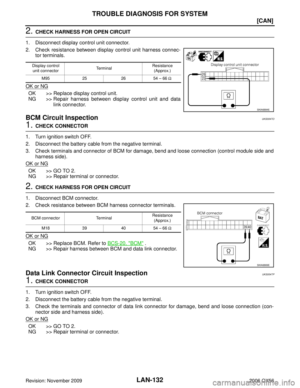 INFINITI QX56 2006  Factory Service Manual LAN-132
[CAN]
TROUBLE DIAGNOSIS FOR SYSTEM
Revision: November 20092006 QX56
2. CHECK HARNESS FOR OPEN CIRCUIT
1. Disconnect display control unit connector.
2. Check resistance between display control 