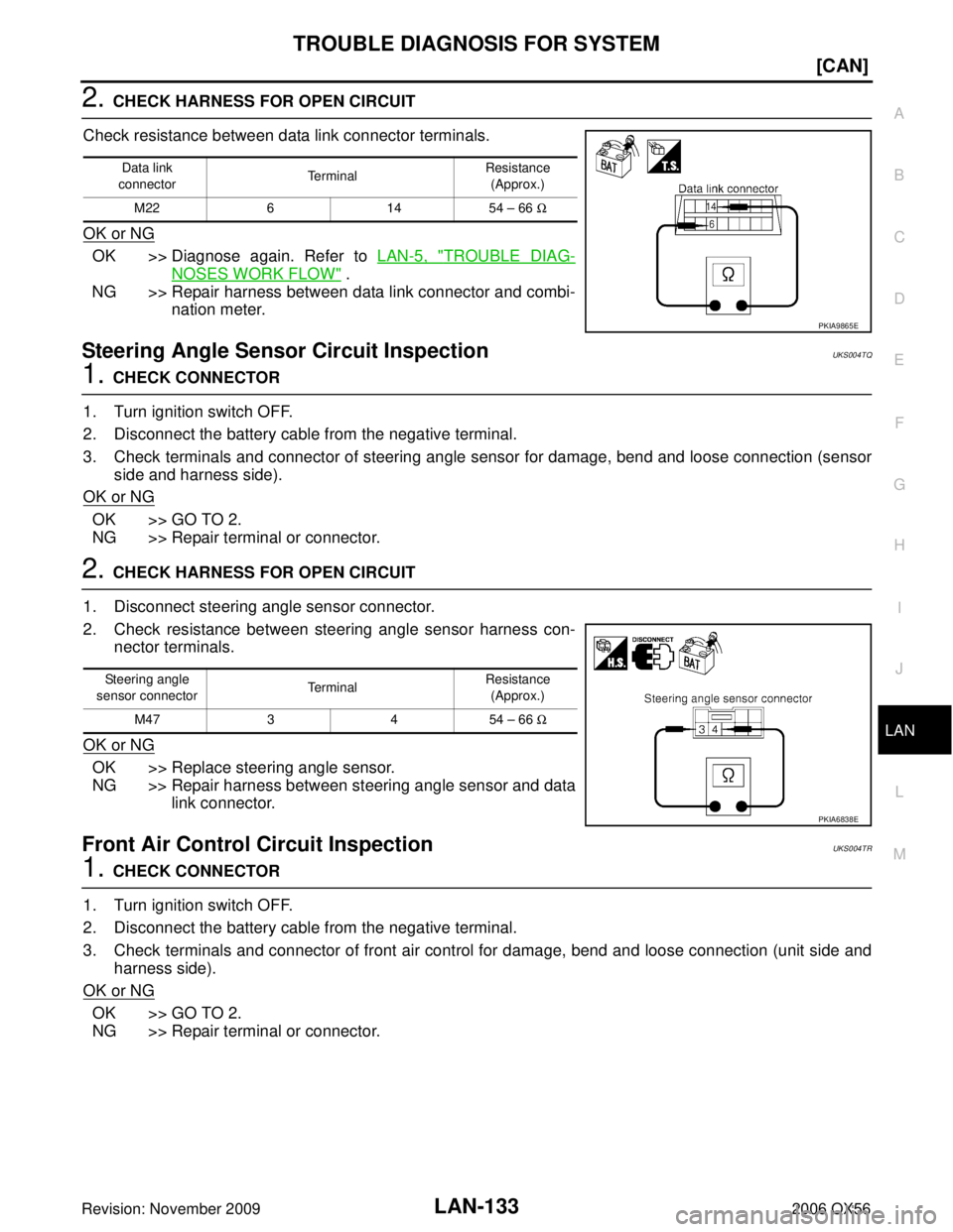 INFINITI QX56 2006  Factory Service Manual TROUBLE DIAGNOSIS FOR SYSTEMLAN-133
[CAN]
C
DE
F
G H
I
J
L
M A
B
LAN
Revision: November 2009 2006 QX56
2. CHECK HARNESS FOR OPEN CIRCUIT
Check resistance between data link connector terminals.
OK or N