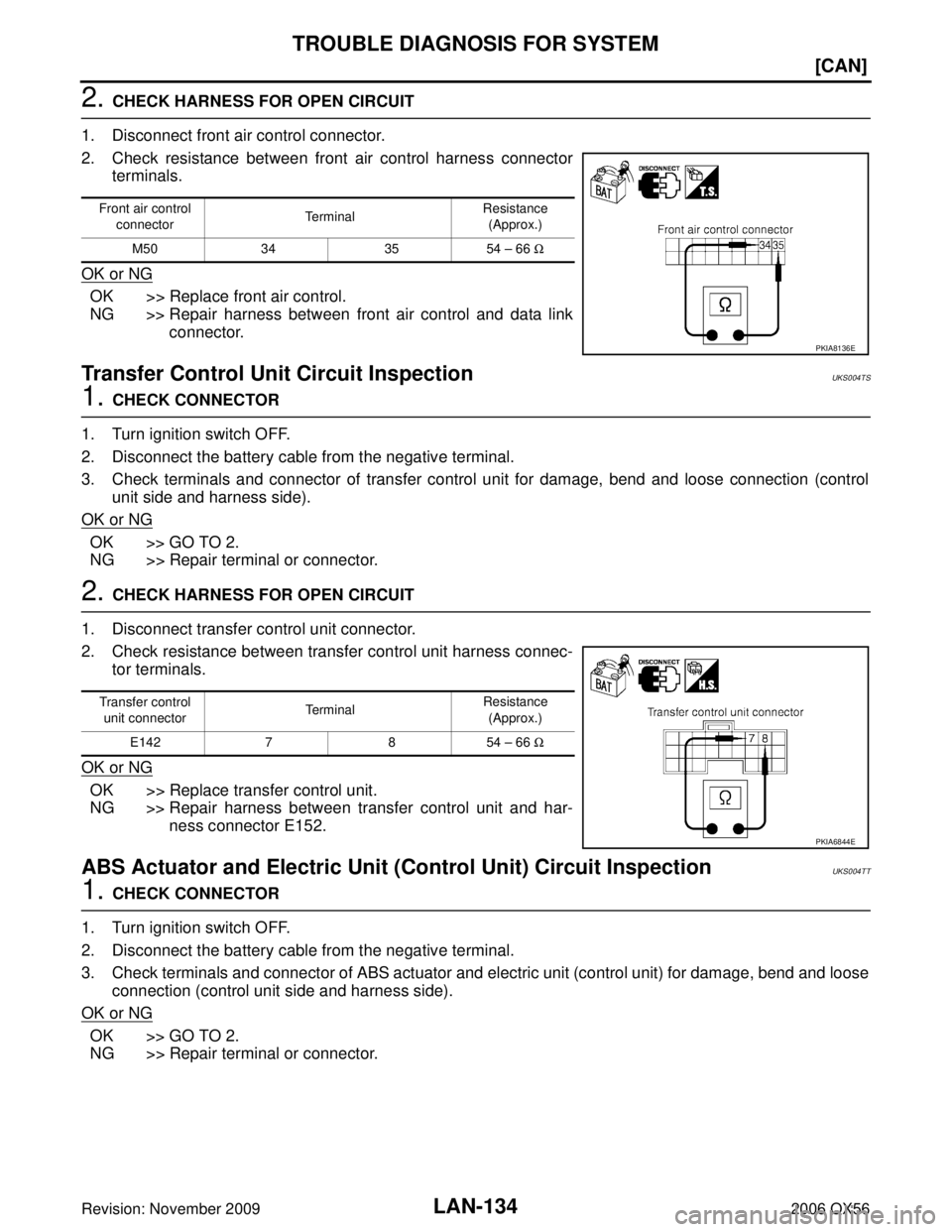 INFINITI QX56 2006  Factory Service Manual LAN-134
[CAN]
TROUBLE DIAGNOSIS FOR SYSTEM
Revision: November 20092006 QX56
2. CHECK HARNESS FOR OPEN CIRCUIT
1. Disconnect front air control connector.
2. Check resistance between front air control h