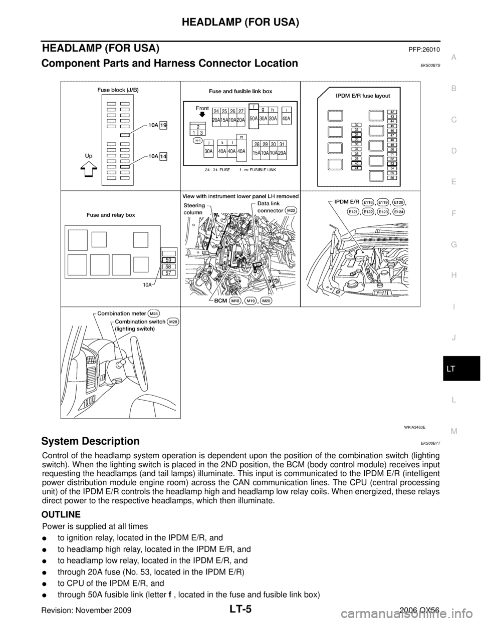 INFINITI QX56 2006  Factory Service Manual HEADLAMP (FOR USA)LT-5
C
DE
F
G H
I
J
L
M A
B
LT
Revision: November 2009 2006 QX56
HEADLAMP (FOR USA)PFP:26010
Component Parts and Harness Connector LocationEKS00B7S
System DescriptionEKS00B7T
Control