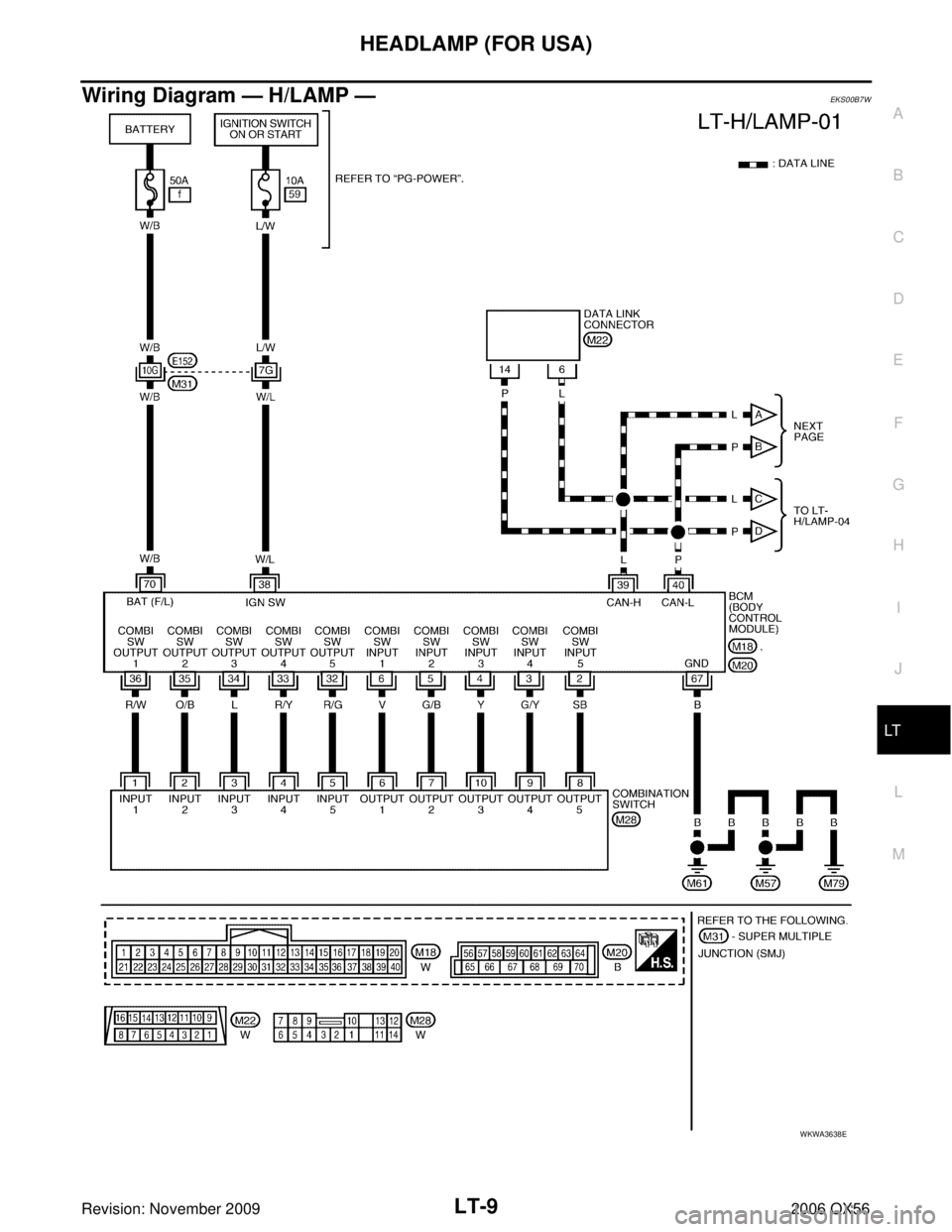 INFINITI QX56 2006  Factory Service Manual HEADLAMP (FOR USA)LT-9
C
DE
F
G H
I
J
L
M A
B
LT
Revision: November 2009 2006 QX56
Wiring Diagram — H/LAMP —EKS00B7W
WKWA3638E 