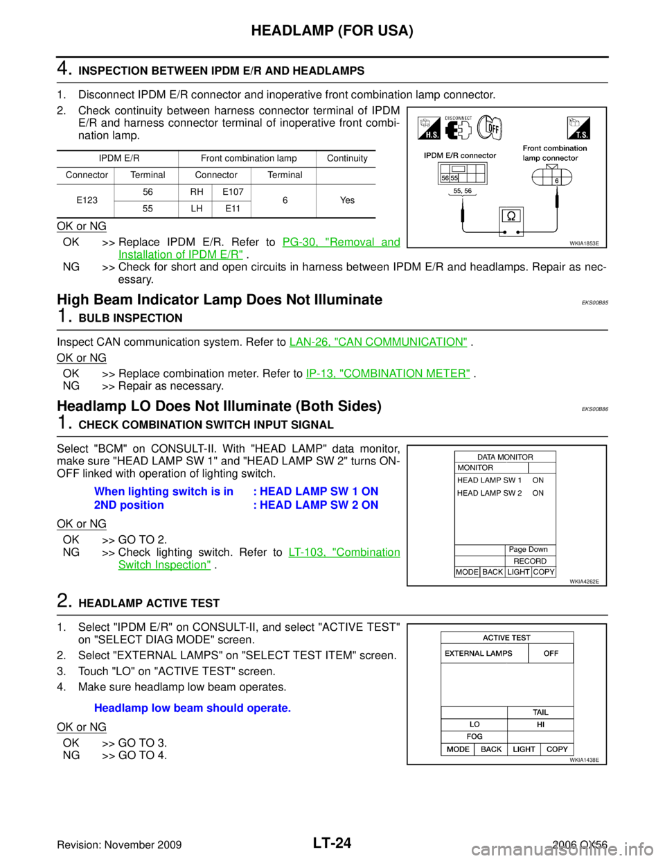 INFINITI QX56 2006  Factory Service Manual LT-24
HEADLAMP (FOR USA)
Revision: November 20092006 QX56
4. INSPECTION BETWEEN IPDM E/R AND HEADLAMPS
1. Disconnect IPDM E/R connector and inoperative front combination lamp connector.
2. Check conti