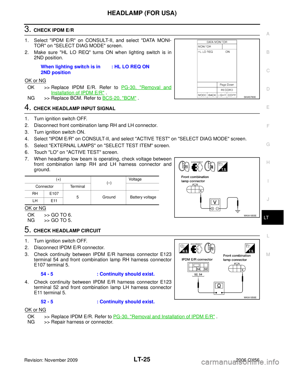 INFINITI QX56 2006  Factory Service Manual HEADLAMP (FOR USA)LT-25
C
DE
F
G H
I
J
L
M A
B
LT
Revision: November 2009 2006 QX56
3. CHECK IPDM E/R
1. Select "IPDM E/R" on CONSULT-II, and select "DATA MONI- TOR" on "SELECT DIAG MODE" screen.
2. M