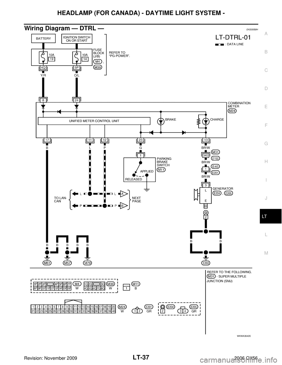 INFINITI QX56 2006  Factory Service Manual HEADLAMP (FOR CANADA) - DAYTIME LIGHT SYSTEM -LT-37
C
DE
F
G H
I
J
L
M A
B
LT
Revision: November 2009 2006 QX56
Wiring Diagram — DTRL —EKS00B8H
WKWA3642E 