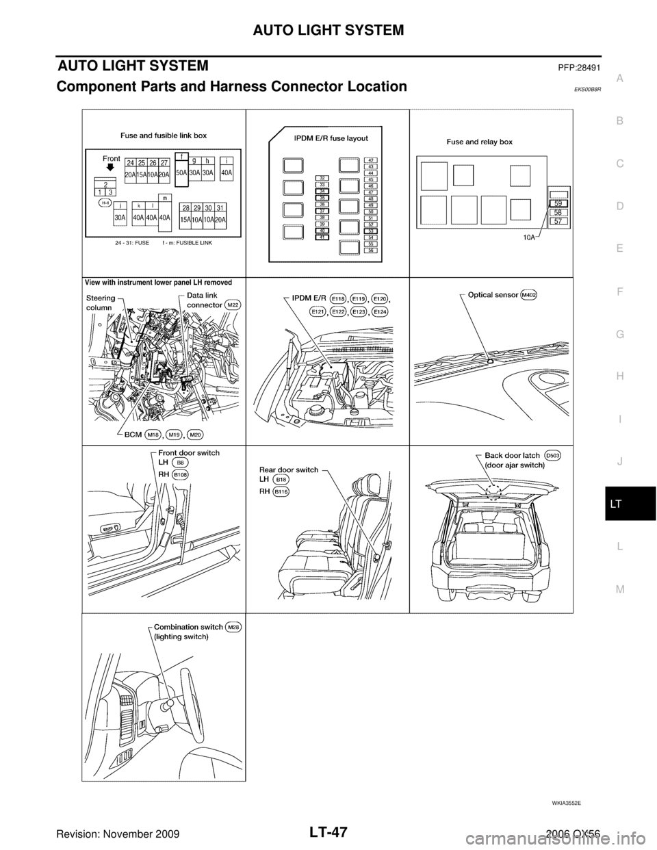 INFINITI QX56 2006  Factory Service Manual AUTO LIGHT SYSTEMLT-47
C
DE
F
G H
I
J
L
M A
B
LT
Revision: November 2009 2006 QX56
AUTO LIGHT SYSTEMPFP:28491
Component Parts and Harness Connector LocationEKS00B8R
WKIA3552E 