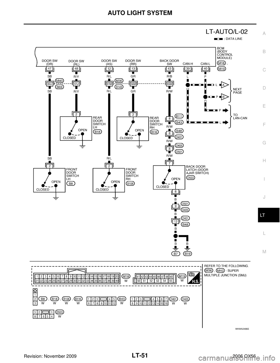 INFINITI QX56 2006  Factory Service Manual AUTO LIGHT SYSTEMLT-51
C
DE
F
G H
I
J
L
M A
B
LT
Revision: November 2009 2006 QX56
WKWA2486E 