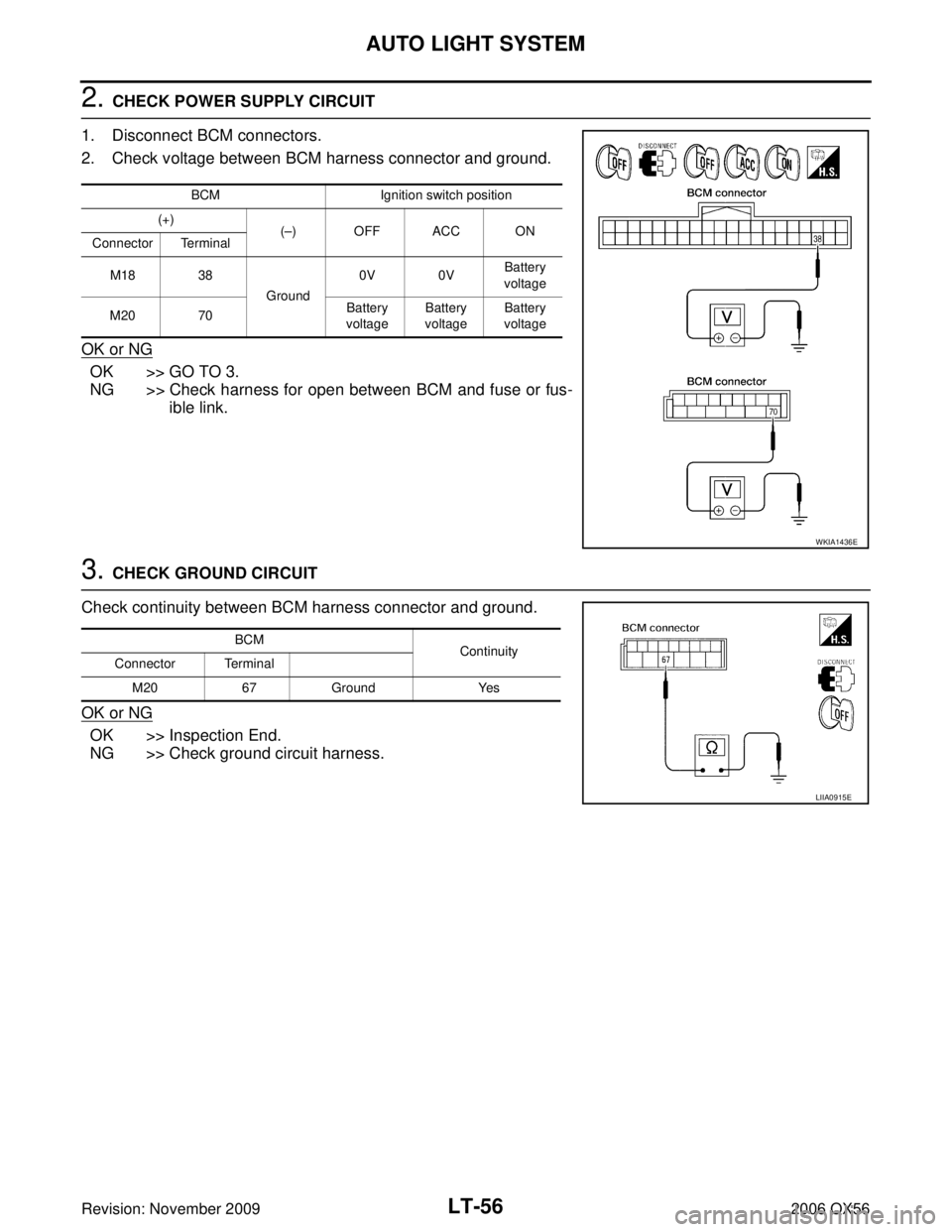 INFINITI QX56 2006  Factory Service Manual LT-56
AUTO LIGHT SYSTEM
Revision: November 20092006 QX56
2. CHECK POWER SUPPLY CIRCUIT
1. Disconnect BCM connectors.
2. Check voltage between BCM harness connector and ground.
OK or NG
OK >> GO TO 3.
