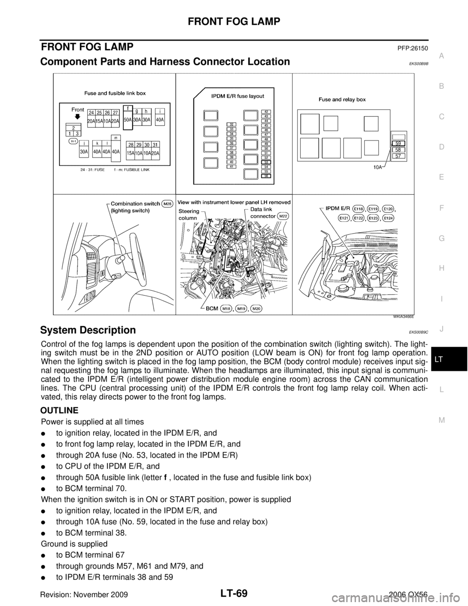 INFINITI QX56 2006  Factory Service Manual FRONT FOG LAMPLT-69
C
DE
F
G H
I
J
L
M A
B
LT
Revision: November 2009 2006 QX56
FRONT FOG LAMPPFP:26150
Component Parts and Harness Connector LocationEKS00B9B
System DescriptionEKS00B9C
Control of the