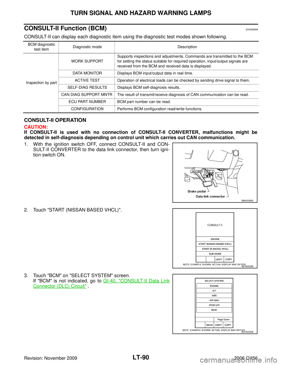 INFINITI QX56 2006 Factory Service Manual LT-90
TURN SIGNAL AND HAZARD WARNING LAMPS
Revision: November 20092006 QX56
CONSULT-II Function (BCM)EKS00B9W
CONSULT-II can display each diagnostic item using the diagnostic test modes shown followin INFINITI QX56 2006 Factory Service Manual LT-90
TURN SIGNAL AND HAZARD WARNING LAMPS
Revision: November 20092006 QX56
CONSULT-II Function (BCM)EKS00B9W
CONSULT-II can display each diagnostic item using the diagnostic test modes shown followin