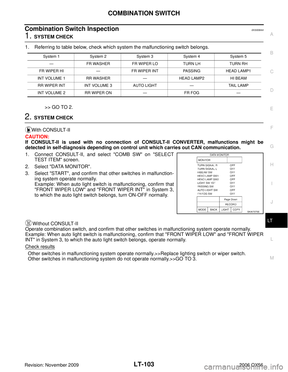 INFINITI QX56 2006 Factory Service Manual COMBINATION SWITCHLT-103
C
DE
F
G H
I
J
L
M A
B
LT
Revision: November 2009 2006 QX56
Combination Switch InspectionEKS00BAA
1. SYSTEM CHECK
1. Referring to table below, check which system the malfuncti INFINITI QX56 2006 Factory Service Manual COMBINATION SWITCHLT-103
C
DE
F
G H
I
J
L
M A
B
LT
Revision: November 2009 2006 QX56
Combination Switch InspectionEKS00BAA
1. SYSTEM CHECK
1. Referring to table below, check which system the malfuncti
