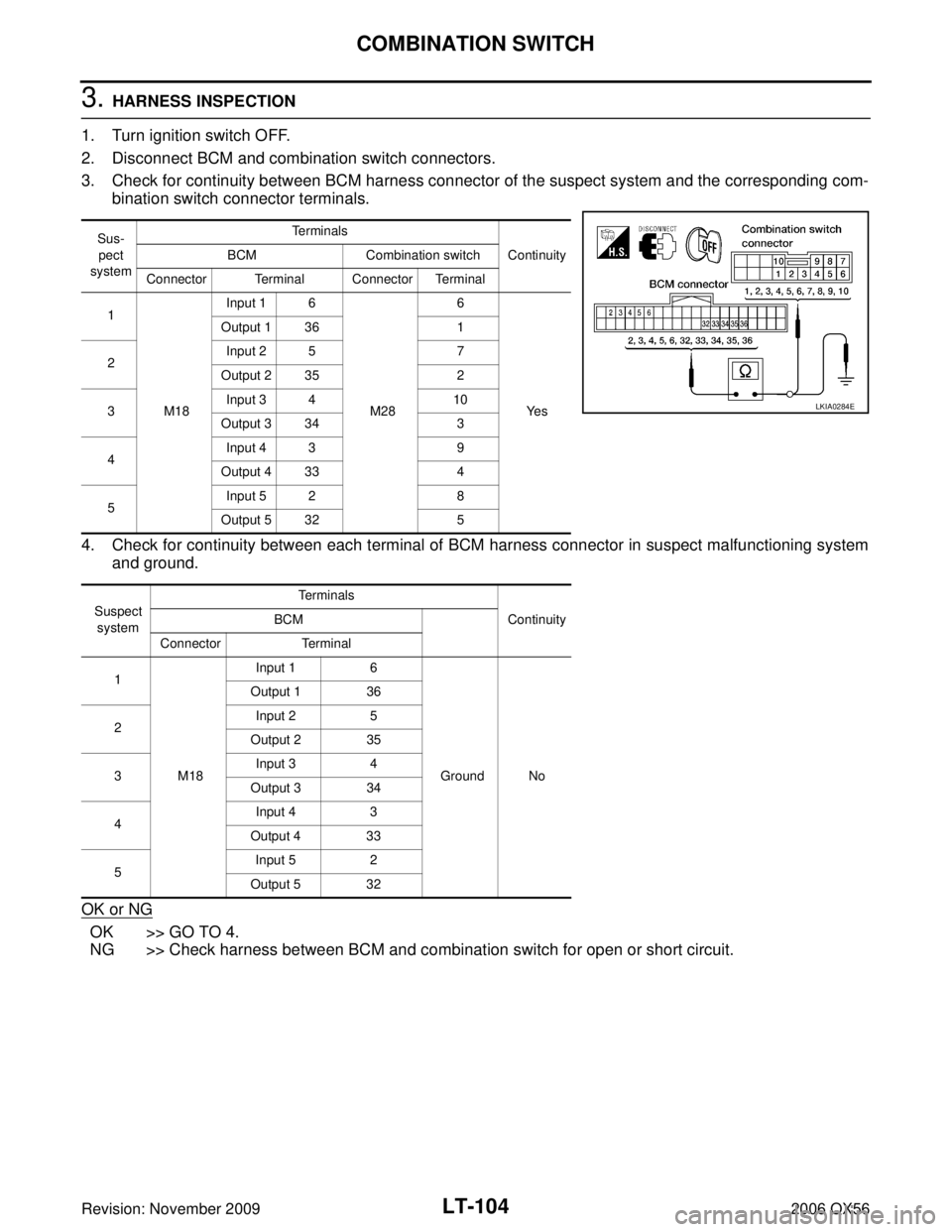 INFINITI QX56 2006  Factory Service Manual LT-104
COMBINATION SWITCH
Revision: November 20092006 QX56
3. HARNESS INSPECTION
1. Turn ignition switch OFF.
2. Disconnect BCM and combination switch connectors.
3. Check for continuity between BCM h