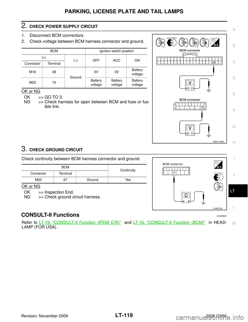 INFINITI QX56 2006  Factory Service Manual PARKING, LICENSE PLATE AND TAIL LAMPSLT-119
C
DE
F
G H
I
J
L
M A
B
LT
Revision: November 2009 2006 QX56
2. CHECK POWER SUPPLY CIRCUIT 
1. Disconnect BCM connectors.
2. Check voltage between BCM harnes
