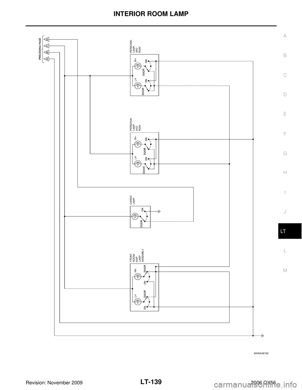 INFINITI QX56 2006  Factory Service Manual INTERIOR ROOM LAMPLT-139
C
DE
F
G H
I
J
L
M A
B
LT
Revision: November 2009 2006 QX56
WKWA3670E 
