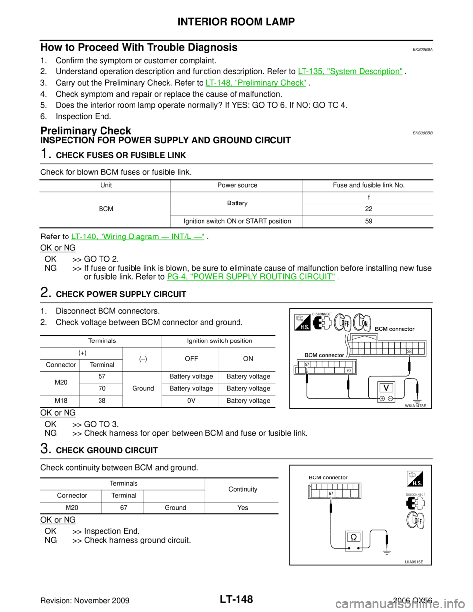INFINITI QX56 2006  Factory Service Manual LT-148
INTERIOR ROOM LAMP
Revision: November 20092006 QX56
How to Proceed With Trouble DiagnosisEKS00BBA
1. Confirm the symptom or customer complaint.
2. Understand operation description and function 