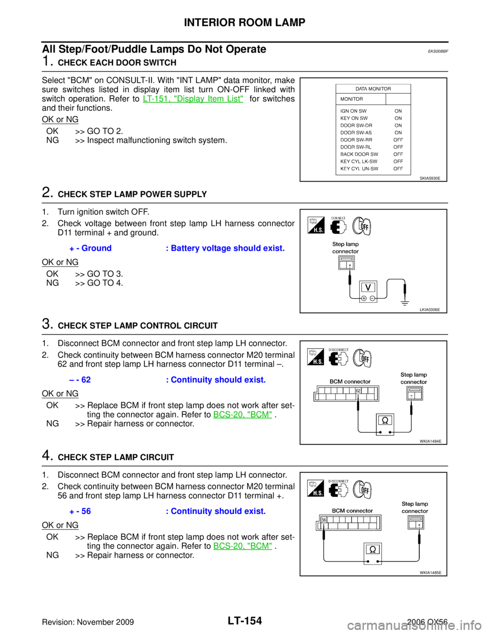 INFINITI QX56 2006  Factory Service Manual LT-154
INTERIOR ROOM LAMP
Revision: November 20092006 QX56
All Step/Foot/Puddle Lamps Do Not OperateEKS00BBF
1. CHECK EACH DOOR SWITCH
Select "BCM" on CONSULT-II. With "INT LAMP" data monitor, make
su