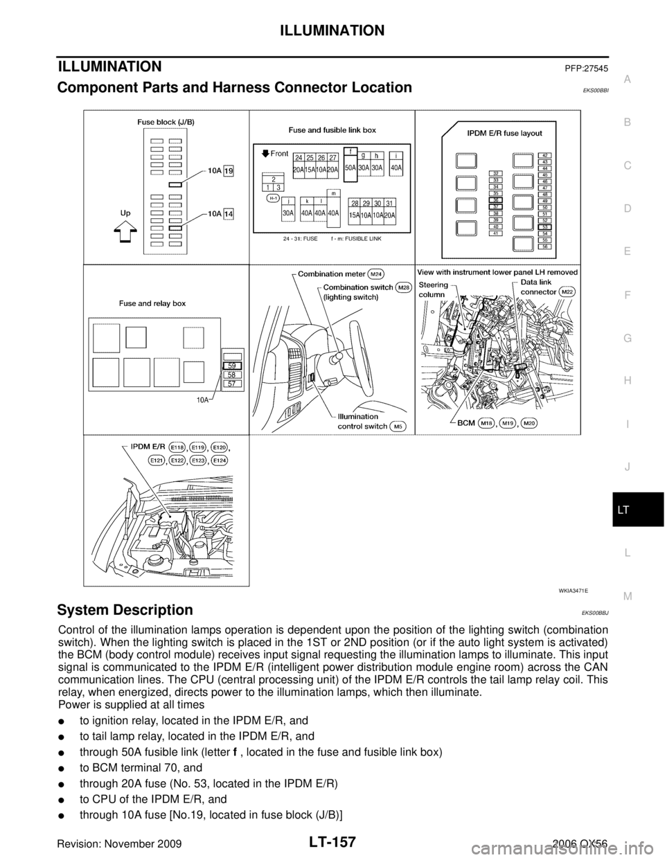 INFINITI QX56 2006  Factory Service Manual ILLUMINATIONLT-157
C
DE
F
G H
I
J
L
M A
B
LT
Revision: November 2009 2006 QX56
ILLUMINATIONPFP:27545
Component Parts and Harness Connector LocationEKS00BBI
System DescriptionEKS00BBJ
Control of the il