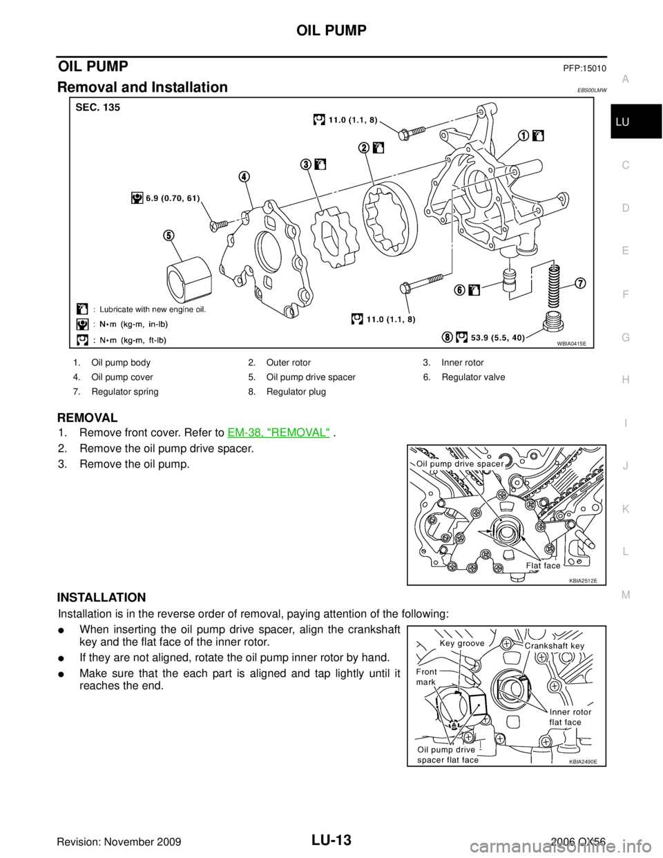 INFINITI QX56 2006  Factory Service Manual OIL PUMPLU-13
C
DE
F
G H
I
J
K L
M A
LU
Revision: November 2009 2006 QX56
OIL PUMPPFP:15010
Removal and InstallationEBS00LMW
REMOVAL
1. Remove front cover. Refer to EM-38, "REMOVAL" . 
2. Remove the o