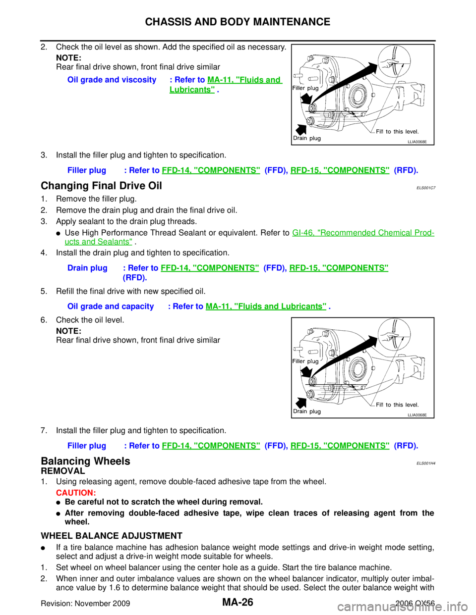 INFINITI QX56 2006  Factory Service Manual MA-26
CHASSIS AND BODY MAINTENANCE
Revision: November 20092006 QX56
2. Check the oil level as shown. Add the specified oil as necessary.
NOTE:
Rear final drive shown, front final drive similar
3. Inst