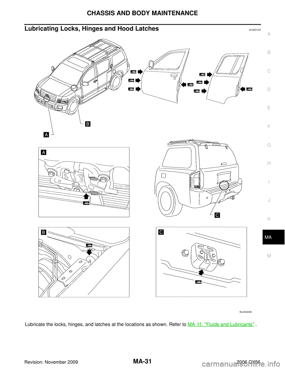 INFINITI QX56 2006  Factory Service Manual CHASSIS AND BODY MAINTENANCEMA-31
C
DE
F
G H
I
J
K
M A
B
MA
Revision: November 2009 2006 QX56
Lubricating Locks, Hinges and Hood LatchesELS001CG
Lubricate the locks, hinges, and latches at the locatio
