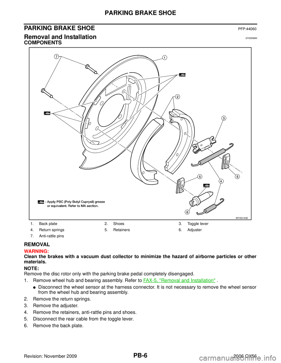 INFINITI QX56 2006  Factory Service Manual PB-6
PARKING BRAKE SHOE
Revision: November 20092006 QX56
PARKING BRAKE SHOEPFP:44060
Removal and InstallationEFS0068M
COMPONENTS
REMOVAL
WARNING:
Clean the brakes with a vacuum dust collector to minim