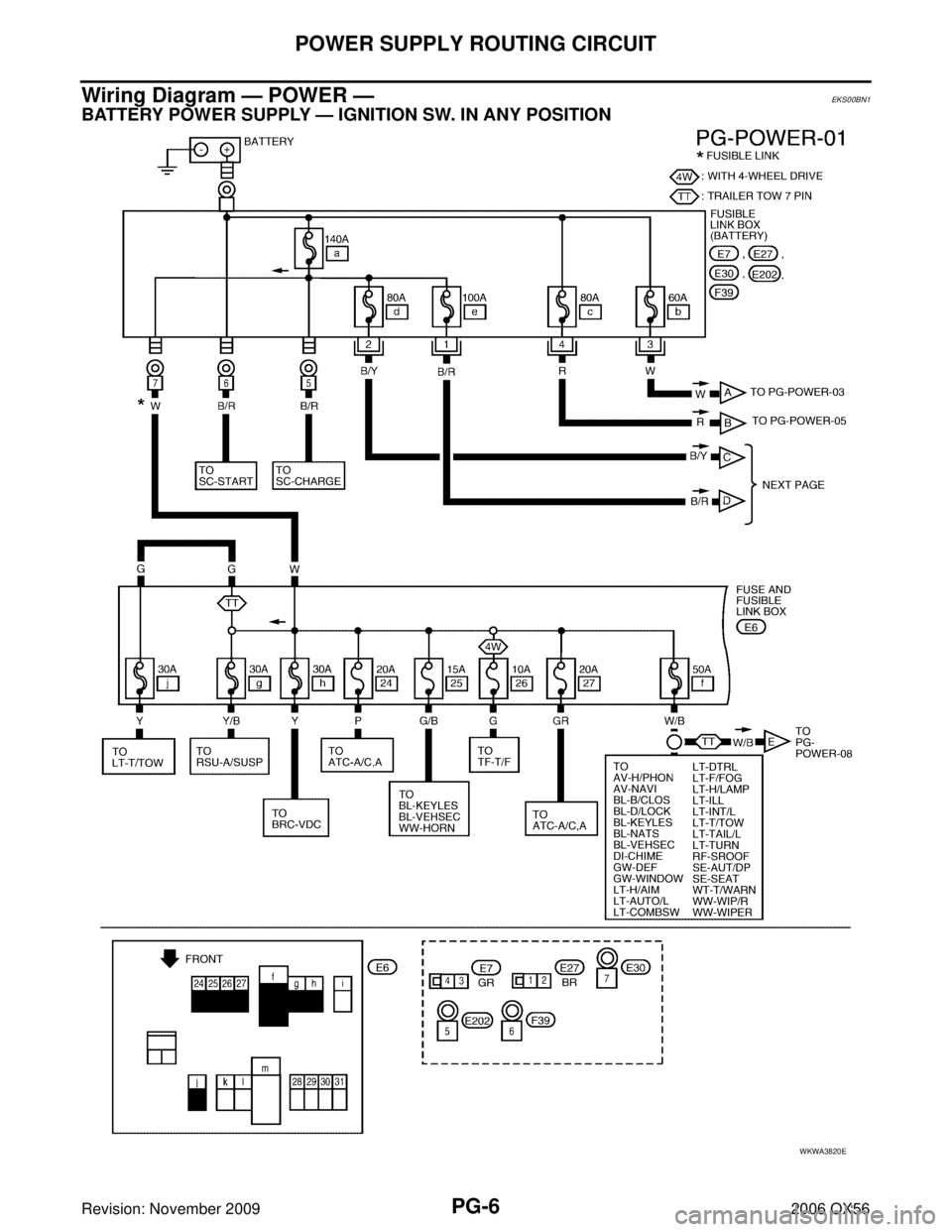 INFINITI QX56 2006  Factory Service Manual PG-6
POWER SUPPLY ROUTING CIRCUIT
Revision: November 20092006 QX56
Wiring Diagram — POWER —EKS00BN1
BATTERY POWER SUPPLY — IGNITION SW. IN ANY POSITION
WKWA3820E 