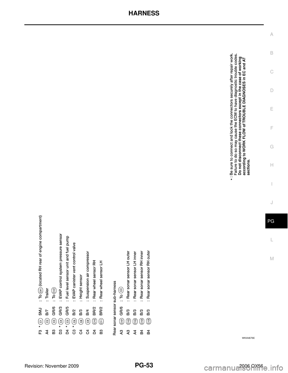 INFINITI QX56 2006  Factory Service Manual HARNESSPG-53
C
DE
F
G H
I
J
L
M A
B
PG
Revision: November 2009 2006 QX56
WKIA4676E 