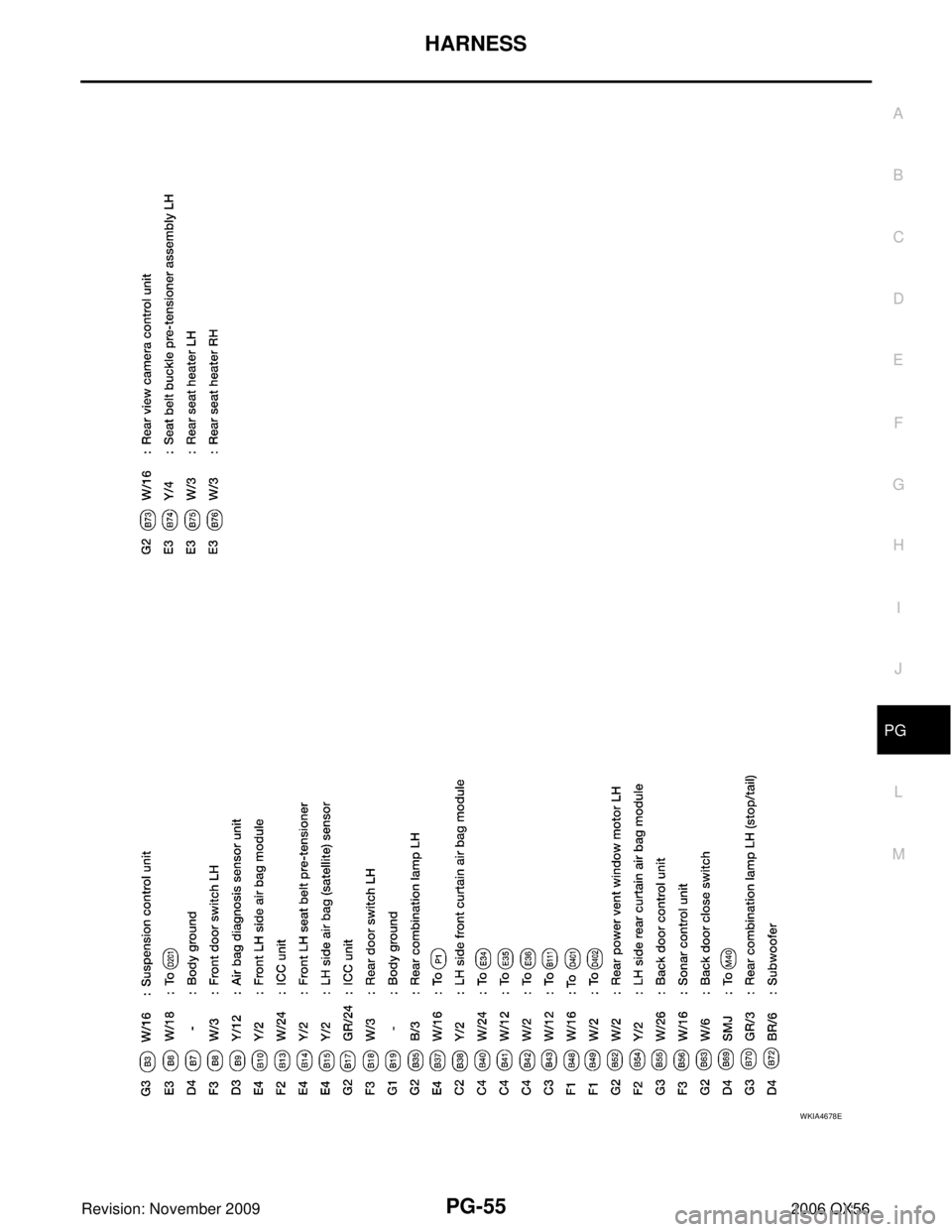 INFINITI QX56 2006  Factory Service Manual HARNESSPG-55
C
DE
F
G H
I
J
L
M A
B
PG
Revision: November 2009 2006 QX56
WKIA4678E 