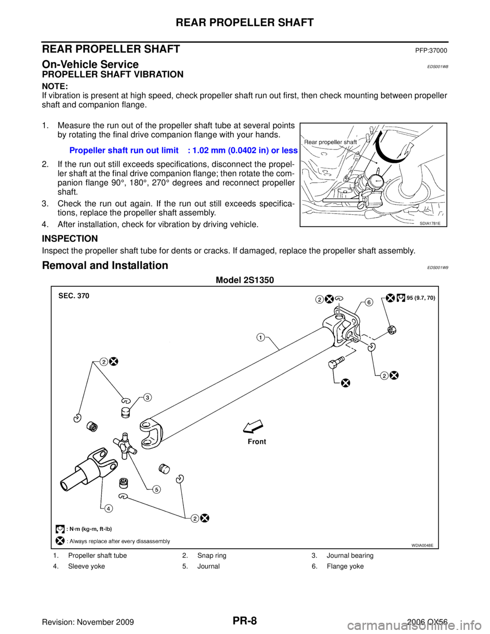 INFINITI QX56 2006  Factory Service Manual PR-8
REAR PROPELLER SHAFT
Revision: November 20092006 QX56
REAR PROPELLER SHAFTPFP:37000
On-Vehicle ServiceEDS001W8
PROPELLER SHAFT VIBRATION
NOTE:
If vibration is present at high speed, check propell