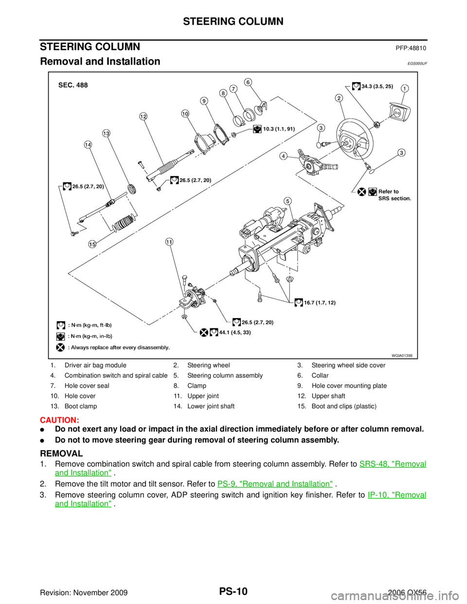 INFINITI QX56 2006  Factory Service Manual PS-10
STEERING COLUMN
Revision: November 20092006 QX56
STEERING COLUMNPFP:48810
Removal and InstallationEGS000UF
CAUTION:
Do not exert any load or impact in the axial direction immediately before or 