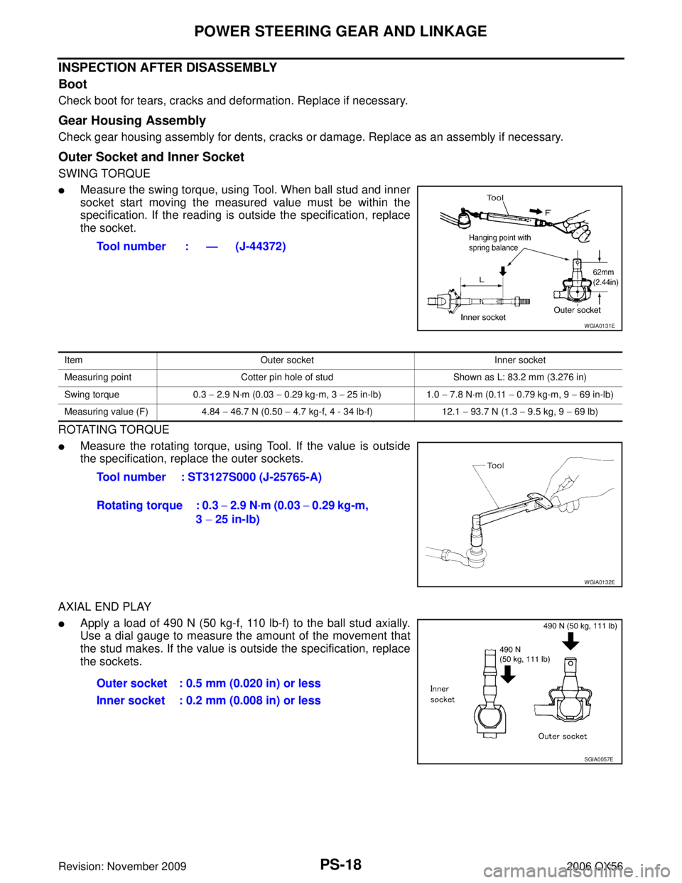 INFINITI QX56 2006 Factory Service Manual PS-18
POWER STEERING GEAR AND LINKAGE
Revision: November 20092006 QX56
INSPECTION AFTER DISASSEMBLY
Boot
Check boot for tears, cracks and deformation. Replace if necessary.
Gear Housing Assembly
Check INFINITI QX56 2006 Factory Service Manual PS-18
POWER STEERING GEAR AND LINKAGE
Revision: November 20092006 QX56
INSPECTION AFTER DISASSEMBLY
Boot
Check boot for tears, cracks and deformation. Replace if necessary.
Gear Housing Assembly
Check