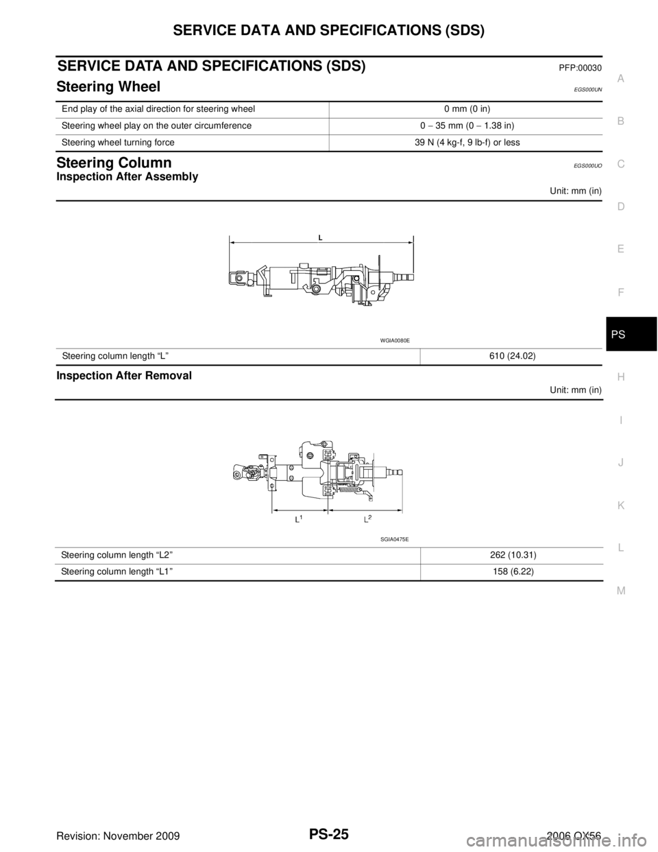INFINITI QX56 2006  Factory Service Manual SERVICE DATA AND SPECIFICATIONS (SDS)PS-25
C
DE
F
H I
J
K L
M A
B
PS
Revision: November 2009 2006 QX56
SERVICE DATA AND SPECIFICATIONS (SDS)PFP:00030
Steering WheelEGS000UN
Steering ColumnEGS000UO
Ins