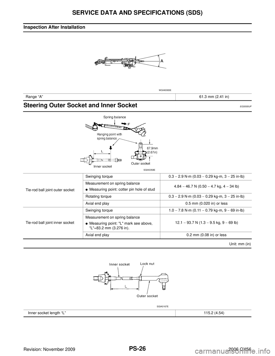 INFINITI QX56 2006  Factory Service Manual PS-26
SERVICE DATA AND SPECIFICATIONS (SDS)
Revision: November 20092006 QX56
Inspection After Installation
Steering Outer Socket and Inner SocketEGS000UP
Unit: mm (in)
Range 
“A ” 61.3 mm (2.41 in