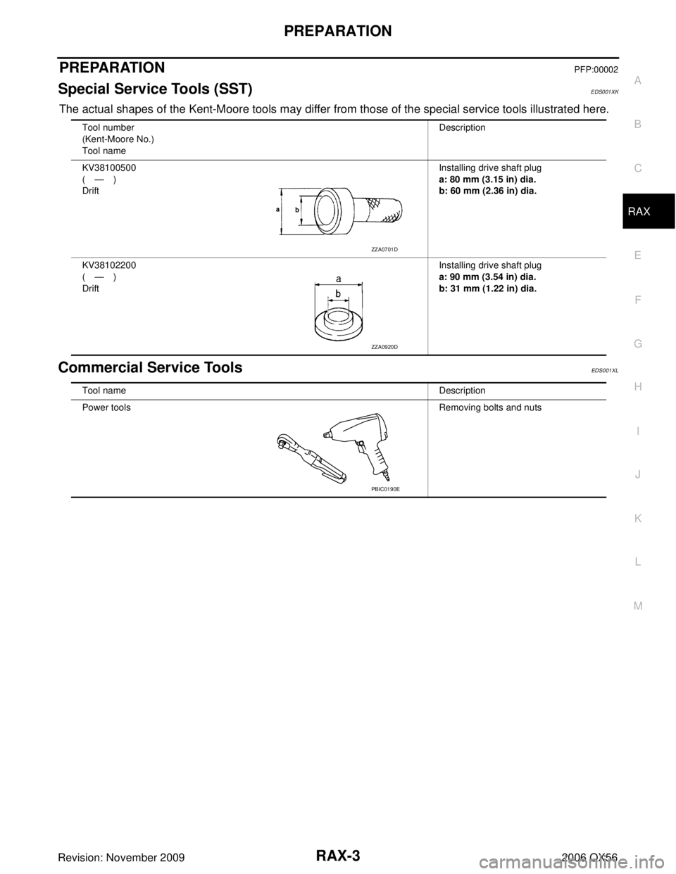 INFINITI QX56 2006  Factory Service Manual PREPARATIONRAX-3
CE F
G H
I
J
K L
M A
B
RAX
Revision: November 2009 2006 QX56
PREPARATIONPFP:00002
Special Service Tools (SST)EDS001XK
The actual shapes of the Kent-Moore tools may differ from those o