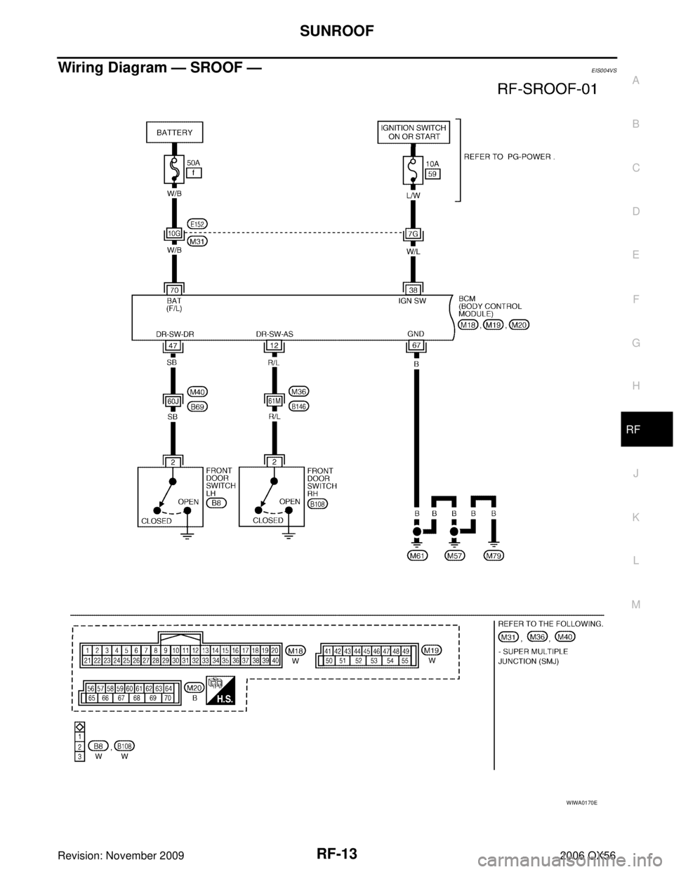 INFINITI QX56 2006  Factory Service Manual SUNROOFRF-13
C
DE
F
G H
J
K L
M A
B
RF
Revision: November 2009 2006 QX56
Wiring Diagram — SROOF —EIS004VS
WIWA0170E 