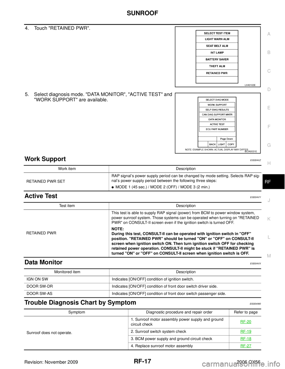 INFINITI QX56 2006 Factory Service Manual SUNROOFRF-17
C
DE
F
G H
J
K L
M A
B
RF
Revision: November 2009 2006 QX56
4. Touch "RETAINED PWR".
5. Select diagnosis mode. "DATA MONITOR", "ACTIVE TEST" and
"WORK SUPPORT" are available.
Work Support INFINITI QX56 2006 Factory Service Manual SUNROOFRF-17
C
DE
F
G H
J
K L
M A
B
RF
Revision: November 2009 2006 QX56
4. Touch "RETAINED PWR".
5. Select diagnosis mode. "DATA MONITOR", "ACTIVE TEST" and
"WORK SUPPORT" are available.
Work Support