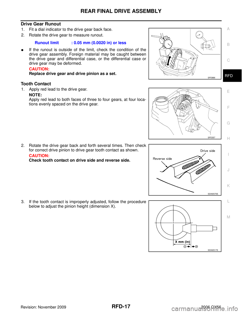 INFINITI QX56 2006 Factory Service Manual REAR FINAL DRIVE ASSEMBLYRFD-17
CE F
G H
I
J
K L
M A
B
RFD
Revision: November 2009 2006 QX56
Drive Gear Runout
1. Fit a dial indicator to the drive gear back face.
2. Rotate the drive gear to measure INFINITI QX56 2006 Factory Service Manual REAR FINAL DRIVE ASSEMBLYRFD-17
CE F
G H
I
J
K L
M A
B
RFD
Revision: November 2009 2006 QX56
Drive Gear Runout
1. Fit a dial indicator to the drive gear back face.
2. Rotate the drive gear to measure
