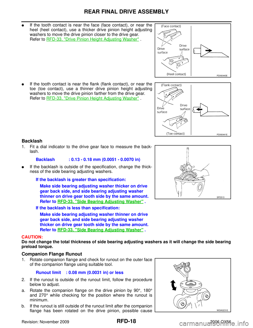 INFINITI QX56 2006 Factory Service Manual RFD-18
REAR FINAL DRIVE ASSEMBLY
Revision: November 20092006 QX56
If the tooth contact is near the face (face contact), or near the
heel (heel contact), use a thicker drive pinion height adjusting
wa INFINITI QX56 2006 Factory Service Manual RFD-18
REAR FINAL DRIVE ASSEMBLY
Revision: November 20092006 QX56
If the tooth contact is near the face (face contact), or near the
heel (heel contact), use a thicker drive pinion height adjusting
wa