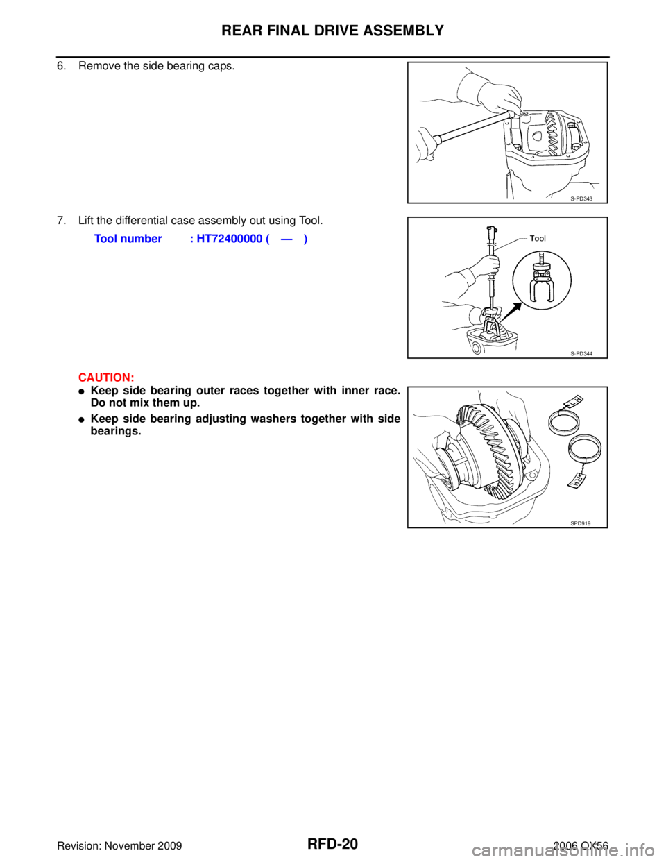 INFINITI QX56 2006  Factory Service Manual RFD-20
REAR FINAL DRIVE ASSEMBLY
Revision: November 20092006 QX56
6. Remove the side bearing caps.
7. Lift the differential case assembly out using Tool.
CAUTION:
Keep side bearing outer races togeth