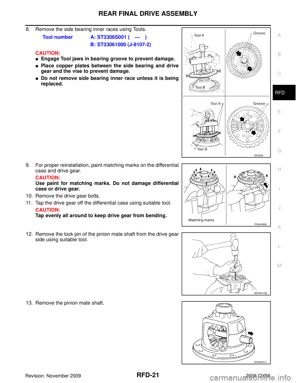 INFINITI QX56 2006  Factory Service Manual REAR FINAL DRIVE ASSEMBLYRFD-21
CE F
G H
I
J
K L
M A
B
RFD
Revision: November 2009 2006 QX56
8. Remove the side bearing inner races using Tools.
CAUTION:
Engage Tool jaws in bearing groove to prevent