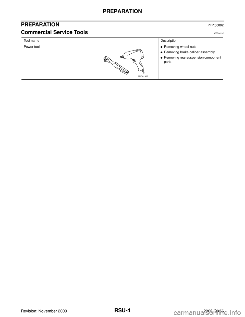 INFINITI QX56 2006  Factory Service Manual RSU-4
PREPARATION
Revision: November 20092006 QX56
PREPARATIONPFP:00002
Commercial Service ToolsEES001H0
Tool nameDescription
Power tool
Removing wheel nuts
Removing brake caliper assembly
Removing
