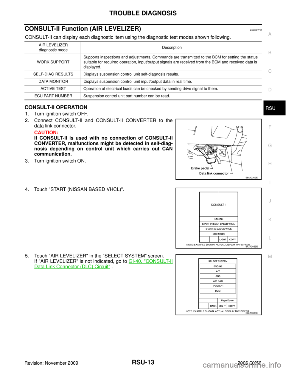 INFINITI QX56 2006 Factory Service Manual TROUBLE DIAGNOSISRSU-13
C
DF
G H
I
J
K L
M A
B
RSU
Revision: November 2009 2006 QX56
CONSULT-II Function (AIR LEVELIZER)EES001H9
CONSULT-II can display each diagnostic item using the diagnostic test m INFINITI QX56 2006 Factory Service Manual TROUBLE DIAGNOSISRSU-13
C
DF
G H
I
J
K L
M A
B
RSU
Revision: November 2009 2006 QX56
CONSULT-II Function (AIR LEVELIZER)EES001H9
CONSULT-II can display each diagnostic item using the diagnostic test m