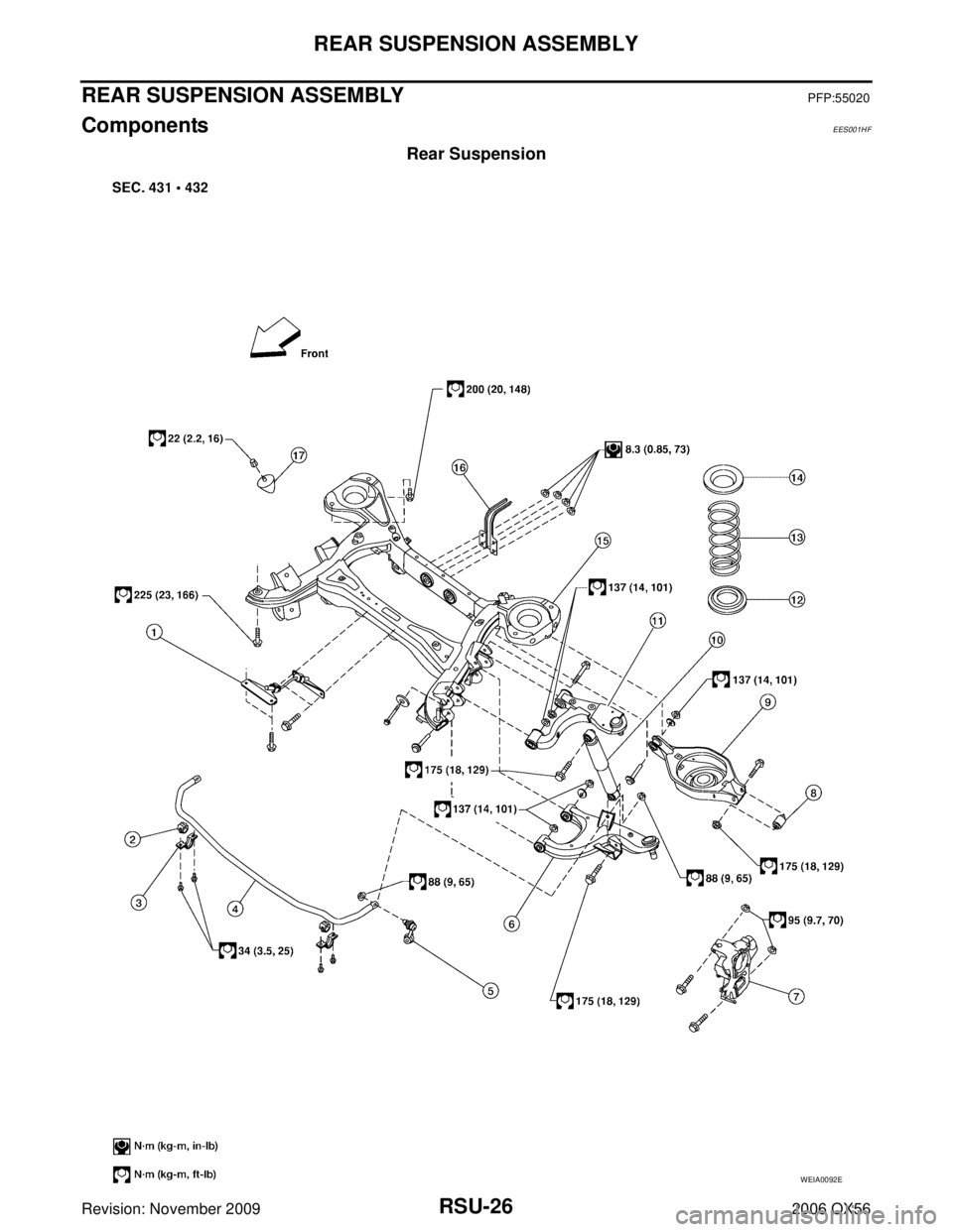 INFINITI QX56 2006  Factory Service Manual RSU-26
REAR SUSPENSION ASSEMBLY
Revision: November 20092006 QX56
REAR SUSPENSION ASSEMBLYPFP:55020
ComponentsEES001HF
Rear Suspension
WEIA0092E 