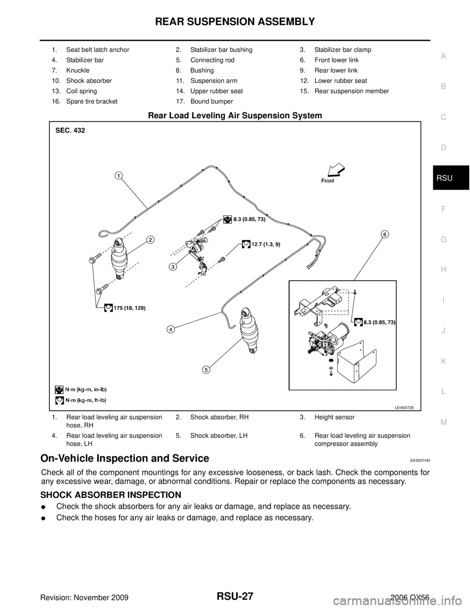 INFINITI QX56 2006 Factory Service Manual REAR SUSPENSION ASSEMBLYRSU-27
C
DF
G H
I
J
K L
M A
B
RSU
Revision: November 2009 2006 QX56
Rear Load Leveling Air Suspension System
On-Vehicle Inspection and ServiceEES001HG
Check all of the componen INFINITI QX56 2006 Factory Service Manual REAR SUSPENSION ASSEMBLYRSU-27
C
DF
G H
I
J
K L
M A
B
RSU
Revision: November 2009 2006 QX56
Rear Load Leveling Air Suspension System
On-Vehicle Inspection and ServiceEES001HG
Check all of the componen