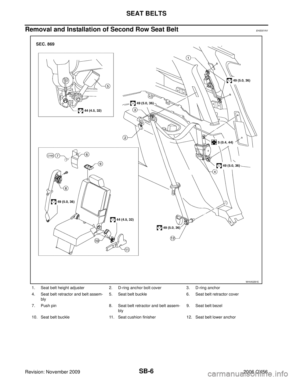 INFINITI QX56 2006  Factory Service Manual SB-6
SEAT BELTS
Revision: November 20092006 QX56
Removal and Installation of Second Row Seat Belt EHS001N1
1. Seat belt height adjuster2. D-ring anchor bolt cover 3. D-ring anchor
4. Seat belt retract