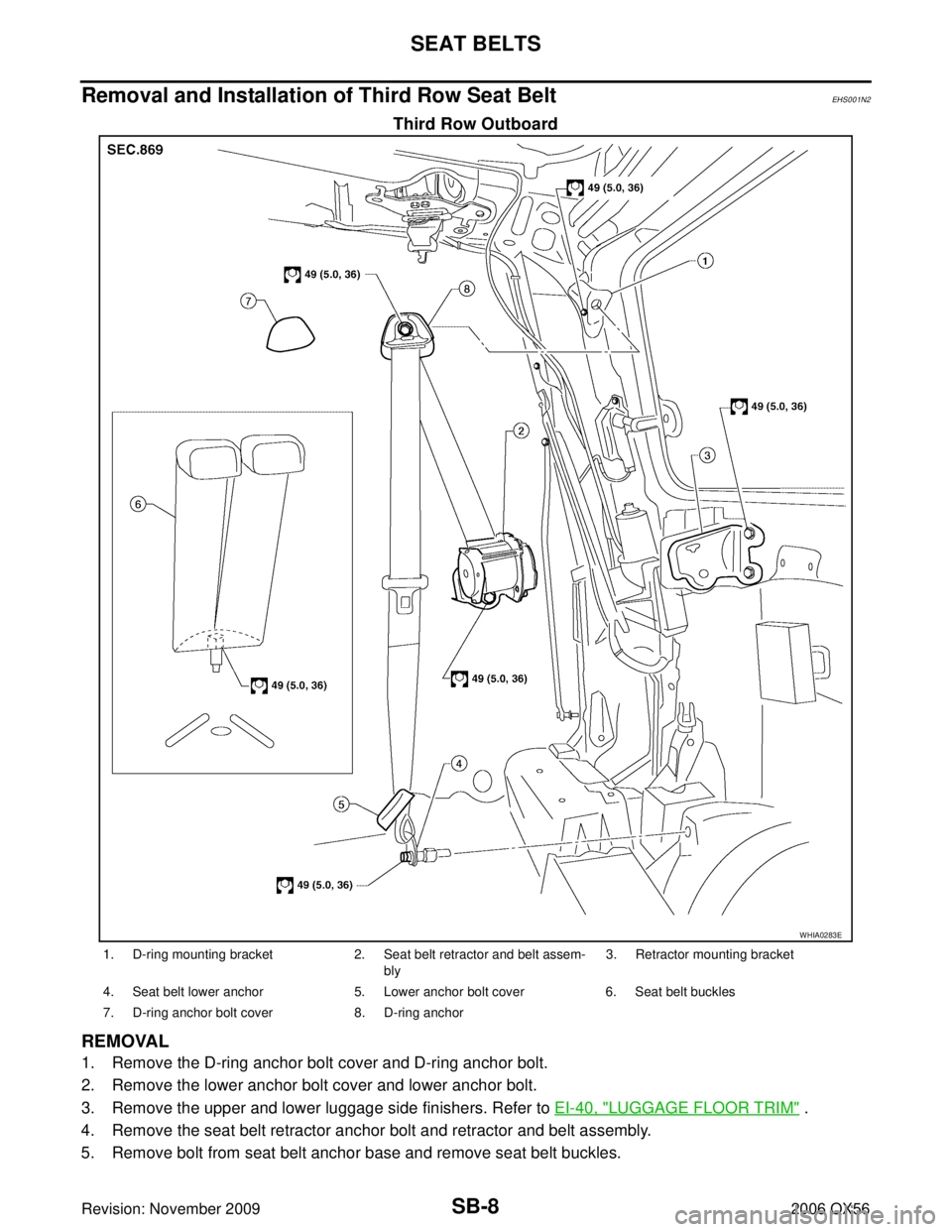 INFINITI QX56 2006  Factory Service Manual SB-8
SEAT BELTS
Revision: November 20092006 QX56
Removal and Installation of Third Row Seat BeltEHS001N2
Third Row Outboard
REMOVAL 
1. Remove the D-ring anchor bolt cover and D-ring anchor bolt.
2. R