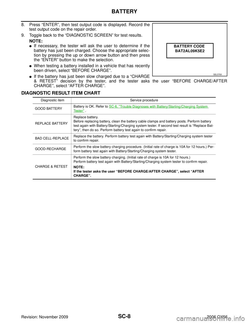 INFINITI QX56 2006  Factory Service Manual SC-8
BATTERY
Revision: November 20092006 QX56
8. Press “ENTER”, then test output code is displayed. Record the
test output code on the repair order.
9. Toggle back to the  “DIAGNOSTIC SCREEN ”